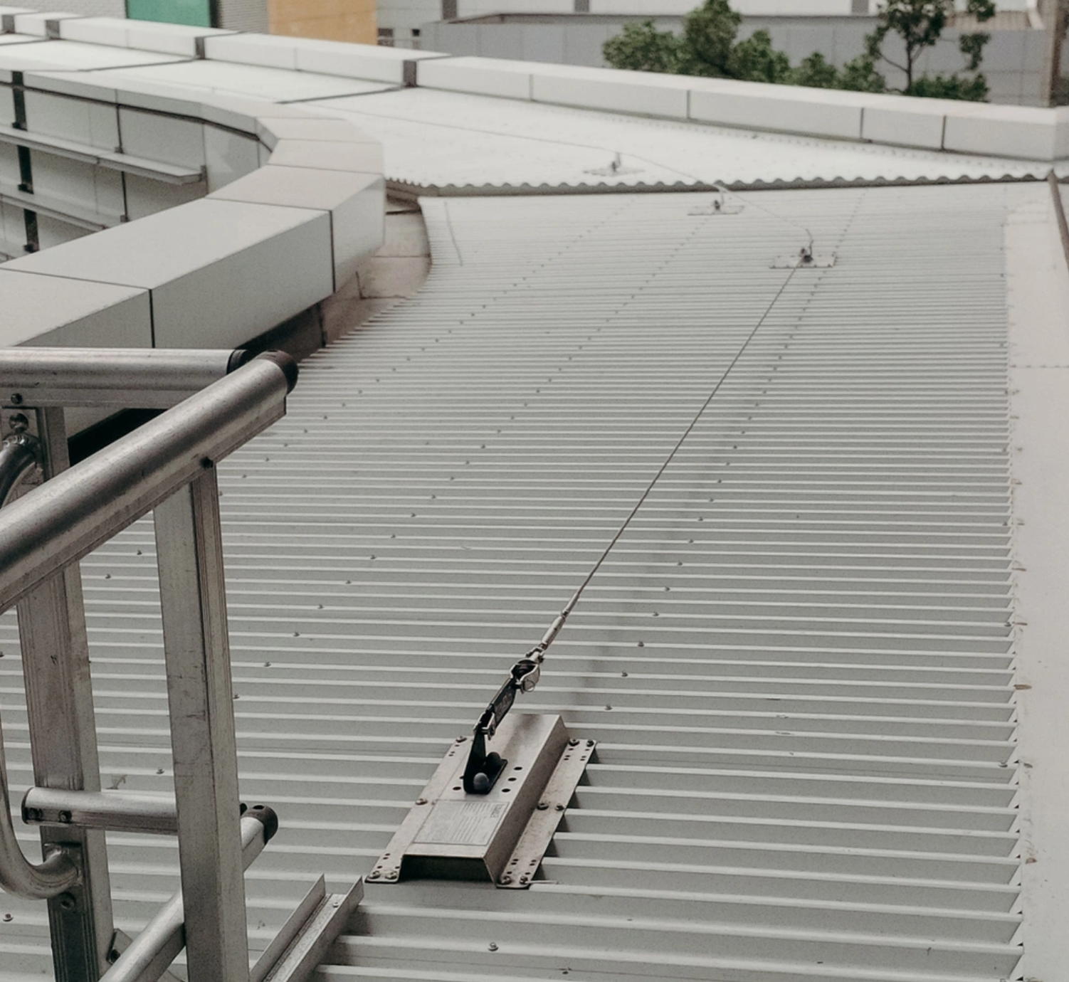Cable static line running across a corrugated metal roof, with its end anchor fixed to the roof sheeting